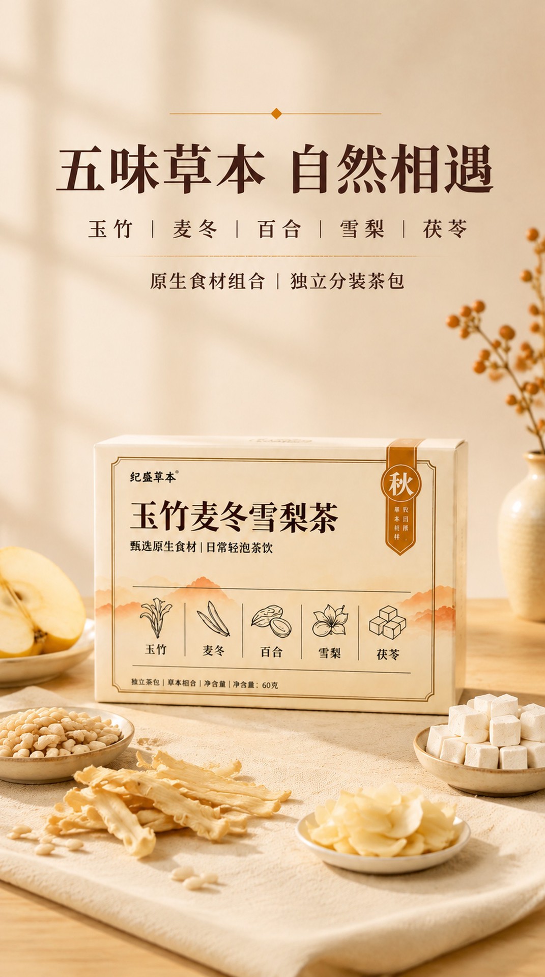 Yu Zhu Xue Li Mai Dong Herbal Tea Blend Triangle Tea Bags 60g Sugar Free Autumn Winter Brew overview
