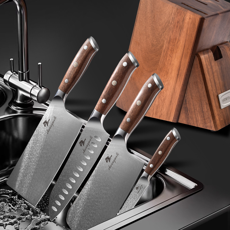 Festival de Primavera Hot Sale 5CR15MOV set de herramientas de cocina set de siete piezas mango de tronco rojo con cuchillo base