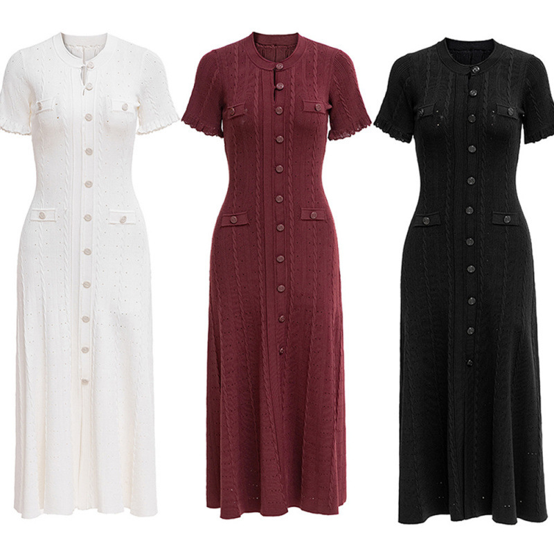 In Stock: Nanyou High-Quality French-Style Elegant Socialite Short-Sleeve Hollow-Out Ribbed Single-Breasted Knit Dress for Cross-Border Sales In Stock: Nanyou High-Quality French-Style Elegant Socialite Short-Sleeve Hollow-Out Ribbed Single-Breasted Knit Dress for Cross-Border Sales