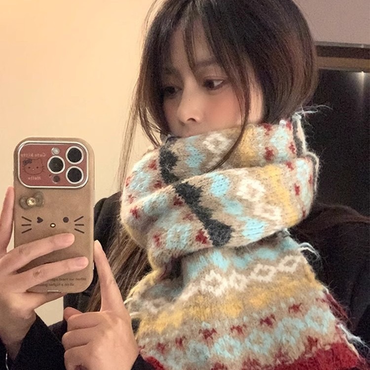 韩系复古提花针织围巾女生秋冬保暖百搭高级氛围感毛线围脖披肩潮