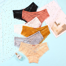 中腰性感热卖高档蕾丝花边女士内裤 蝴蝶结交叉带女式三角裤 ebay