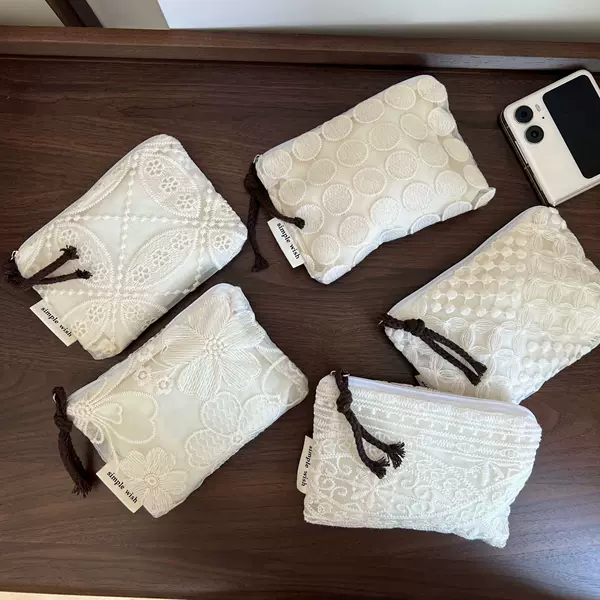 【Su Xi Fabric Bag】French-Style Vintage Artistic Cream Lace Embroidery Mini Cotton Bag Coin Purse Card Holder