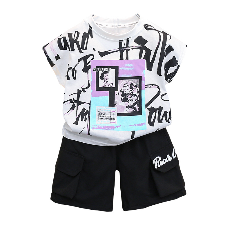 7473 traje de camiseta para niños 2025 nuevo traje de dos piezas sin mangas con estampado de verano para niños de moda hermosa