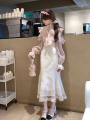 温柔淑女清楚系粉红色蝴蝶结拼接荷叶边仙女连衣长裙网纱蕾丝圆领