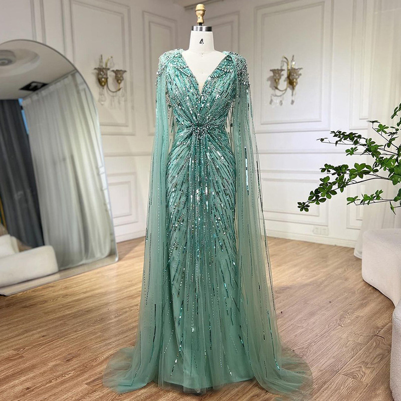 Foreign trade blue heavy industry beaded evening dress waist slimming temperament dress performance host annual meeting LA72168A