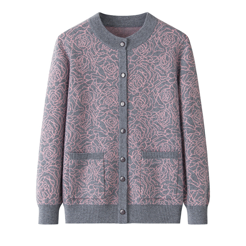 Fashionable and warm pure wool thick sweater coat for autumn and winter, jacquard style, suitable for middle-aged and elderly women.