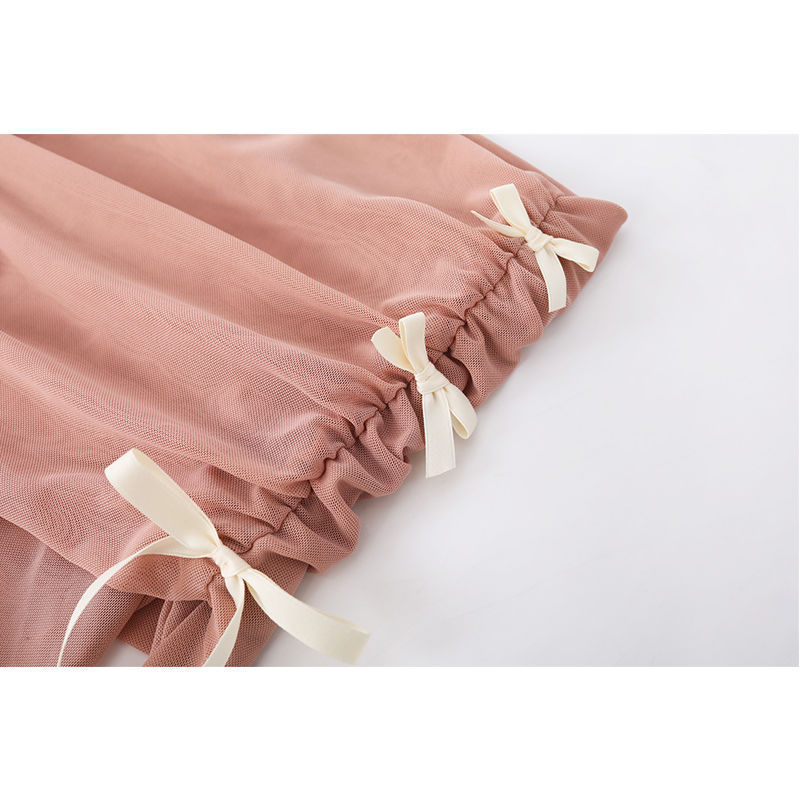 [in stock] Pure Pink Bow Off-shoulder Mesh Short Top Bow Low Waist A- shaped Hip Skirt