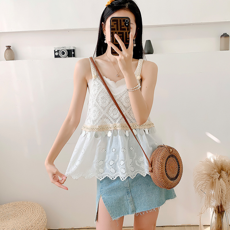 Summer ethnic style loose top bohemian knitted camisole Thailand travel sequined lace stitching vest