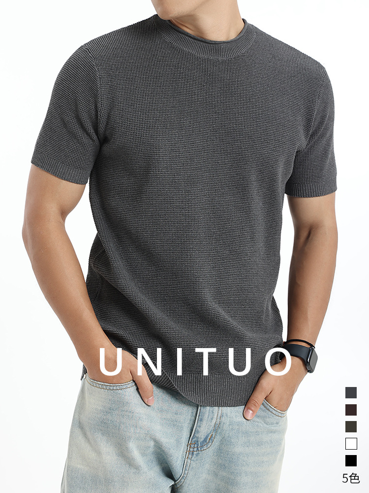 Europa y los Estados Unidos transfronterizos camiseta de hielo sólido Waffle texturizado camiseta de manga corta de punto hombre chaqueta casual de verano