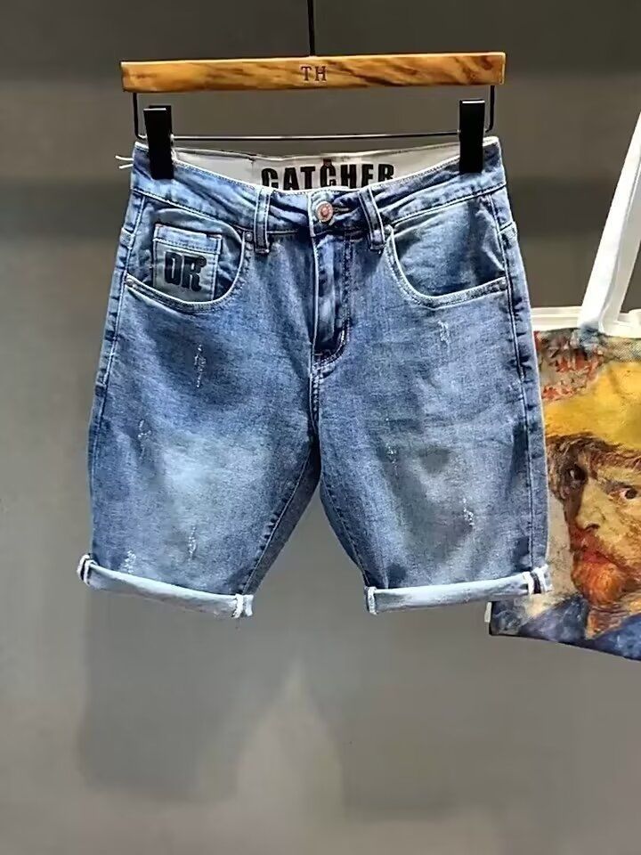 Slim-Fit-Denim-Shorts für Herren, hochwertiger Retro-Print im Washed-Style, Stretch, Fünf-Punkt-Länge, trendige Sommer-Freizeitshorts_voghion.com