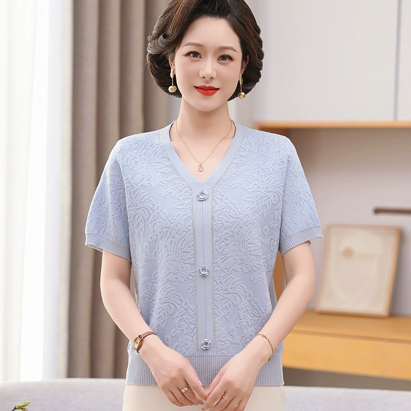 Мама летняя тонкая новая футболка со льдом с короткими рукавами вязаная рубашка 50 среднего и пожилого женского топ