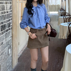 转角街头蓝色蝴蝶结绑带条纹衬衫女长袖秋季新款内搭衬衣气质上衣