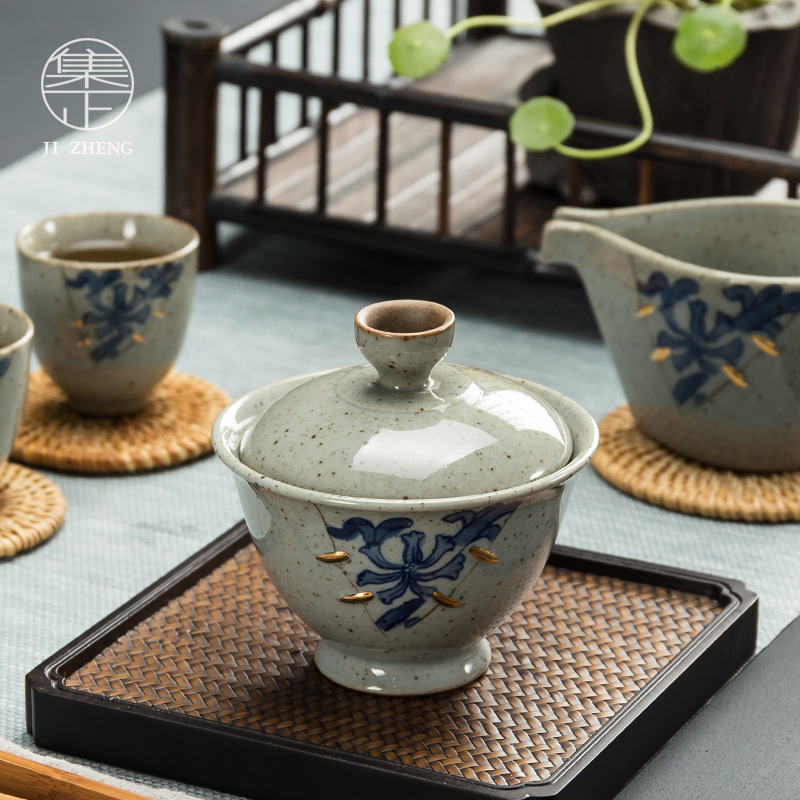 Antique Gold And Blue-and-white Covered Bowl Kung Fu Tea Set Painted Gold Ercai Tea Bowl Household Ceramic Non-hot Tea Set