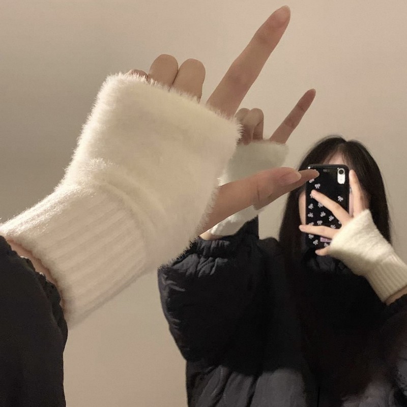 半指手套女冬天毛绒保暖无指学生写字打字针织半截露指长手套护腕|undefined