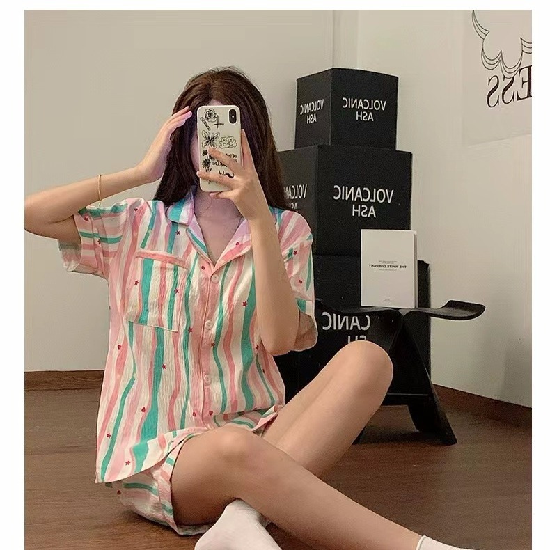 Verano nuevo pijama de algodón mujer dulce lindo ocio simple rayas se puede usar ropa de casa tres piezas conjunto al por mayor