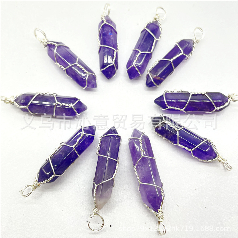 Comercio exterior caliente bobina hexagonal columna colgante collar de cristal natural hecho a mano de plata hilo bala joyería al por mayor