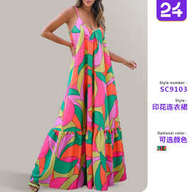 2026跨境新款春夏欧美女装深V露背连衣裙波西米亚碎花吊带长裙子