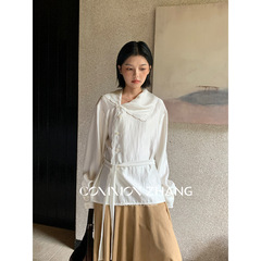 CZ ZHANG秋小清新花边翻领侧开衫衬衫女文艺复古休闲小衫 B33666