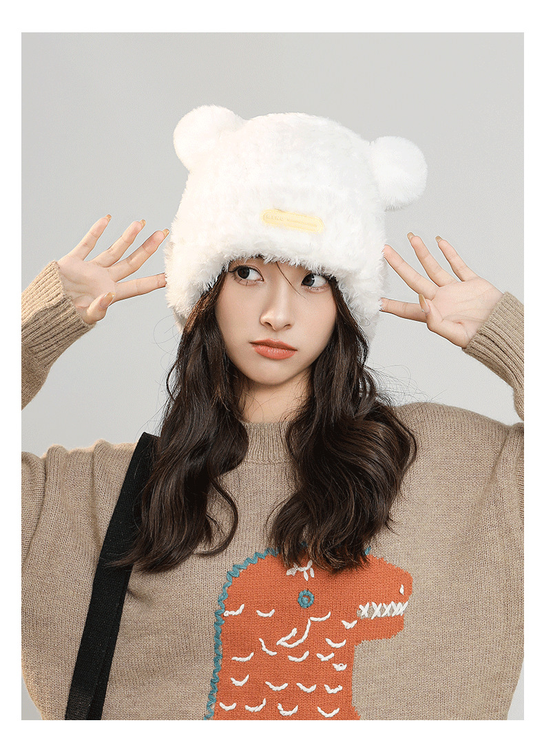 Herbst- und Wintermützen für Damen, süße Fleece-Wintermütze, verdickter warmer Gesichtshut, kleine kältebeständige Plüsch-Strickmütze aus Wolle_voghion.com