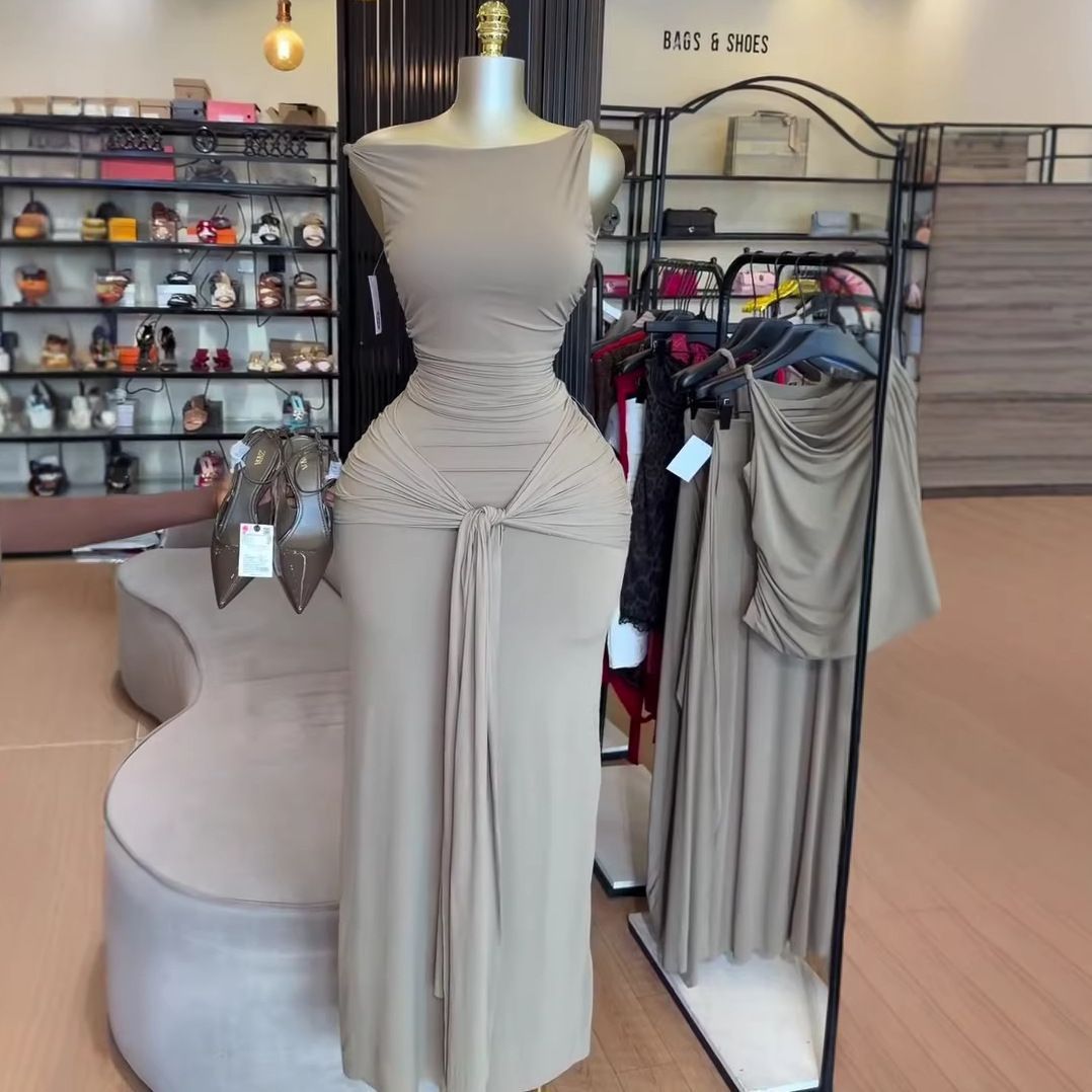 Women's Clothing Summer Style Women's Elegant Solid Color Sleeveless Top And Tie Up Slim Skirt Set Clothing_ecoleips.com