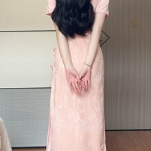绝美气质中式旗袍少女感新款日常改良版提花复古优雅粉色连衣裙