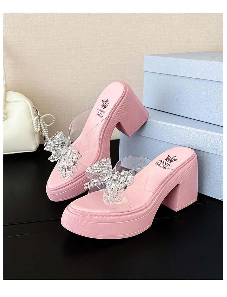 Dép sandal cao gót nữ quai ngang gót thô 10cm đính nơ đá lấp lánh — Màu hồng, Màu trắng be chi tiết 14