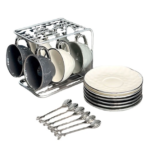 Light luxury coffee cup and saucer ceramic mug underglaze color silver rim coffee cup set exquisite high-looking mug wholesale