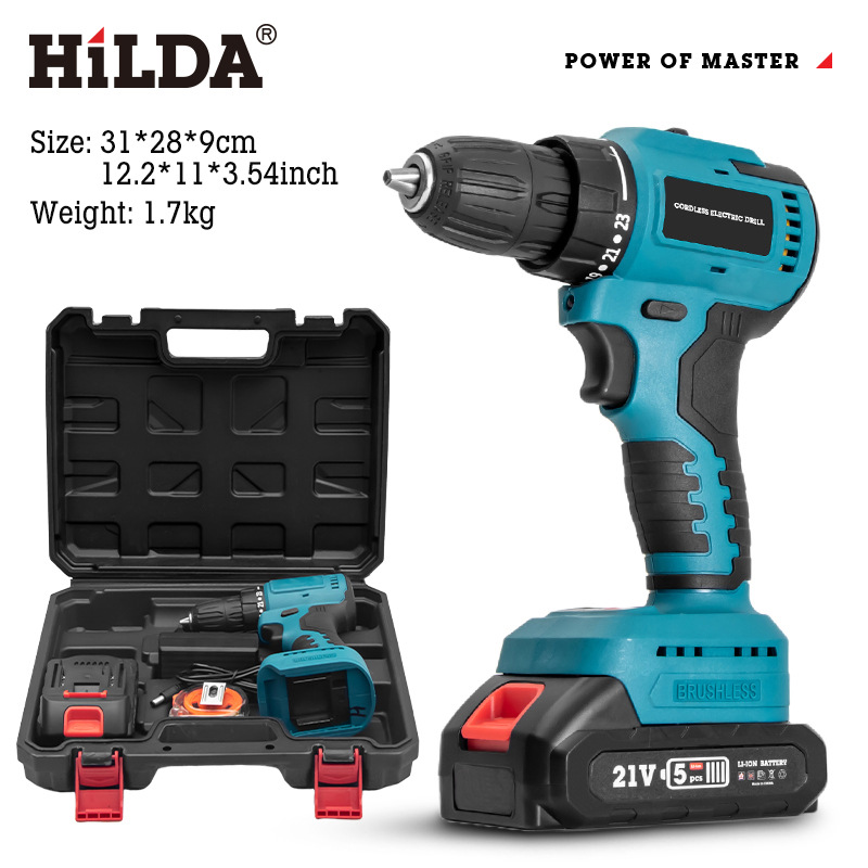 HILDA fábrica sin escobillas taladro eléctrico 21V taladro de mano de alta potencia de Litio taladro eléctrico destornillador doméstico