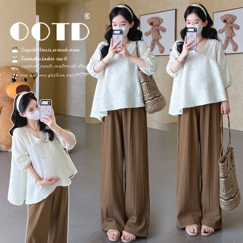 Maternity Wear Chic Cut-Out Crochet V-Neck Shirt Summer High-Waisted Loose Casual Pants Maternity Two-Piece Set Maternity Wear Chic Cut-Out Crochet V-Neck Shirt Summer High-Waisted Loose Casual Pants Maternity Two-Piece Set
