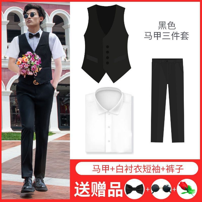 連れ合い服男兄弟団装夏シャツズボン新郎結婚ドレス馬甲三点セットスーツセット|undefined