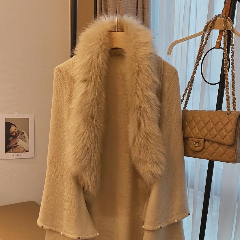 New Imitation Fox Fur Collar Hem Bead Knitted Shawl Cape Large Size Cardigan Loose Coat Women 13 1.Jpeg