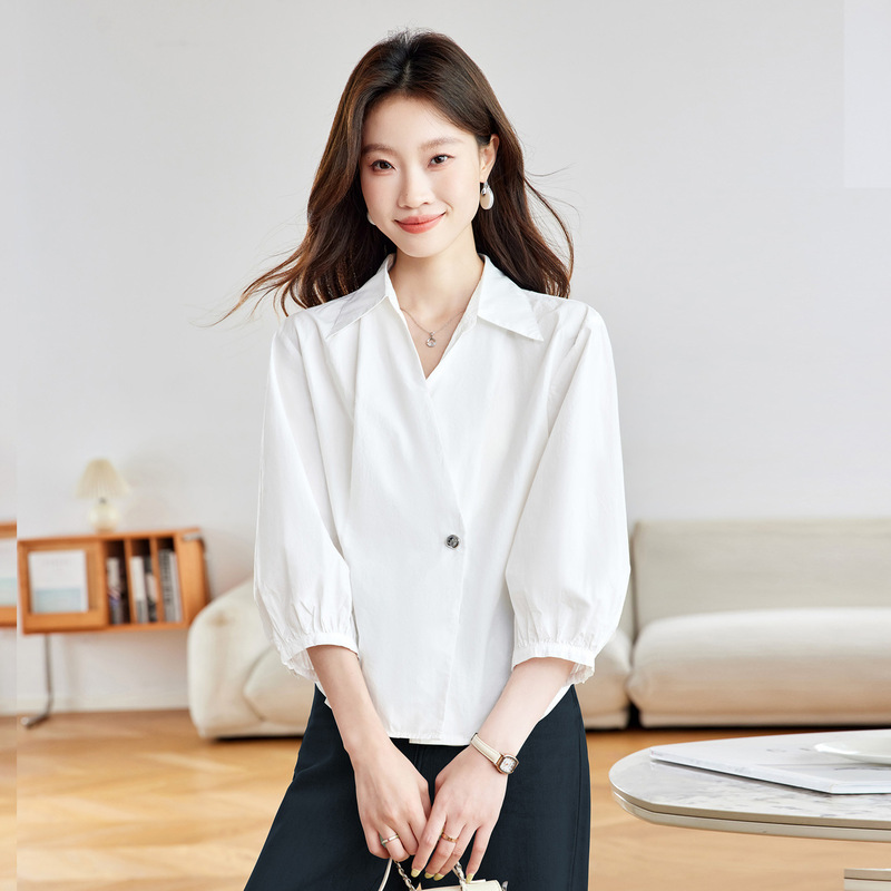棉茧 白色长袖衬衫女2025早秋新款法式纯棉衬衣女一粒扣V领上衣|undefined