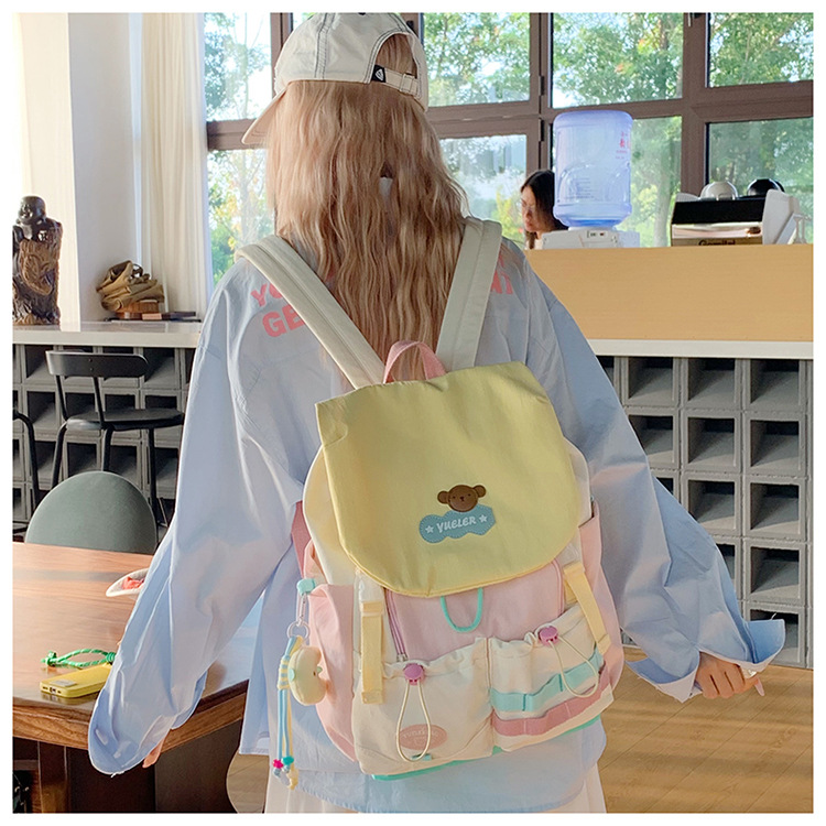 Dopamin-Farbblöcke Schulrucksack für Mittel- und Oberschüler, großvolumig, Klappdeckel, Doppelschulterträger, niedlicher Mädchen-Reiserucksack