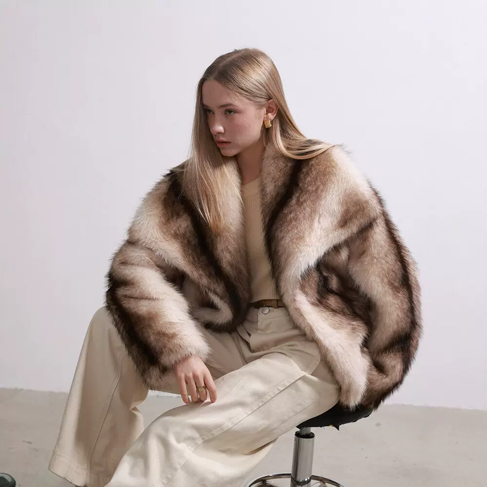 跨境精选仿皮草大衣欧美爆款渐变仿狐狸毛皮草毛毛外套短款大翻领