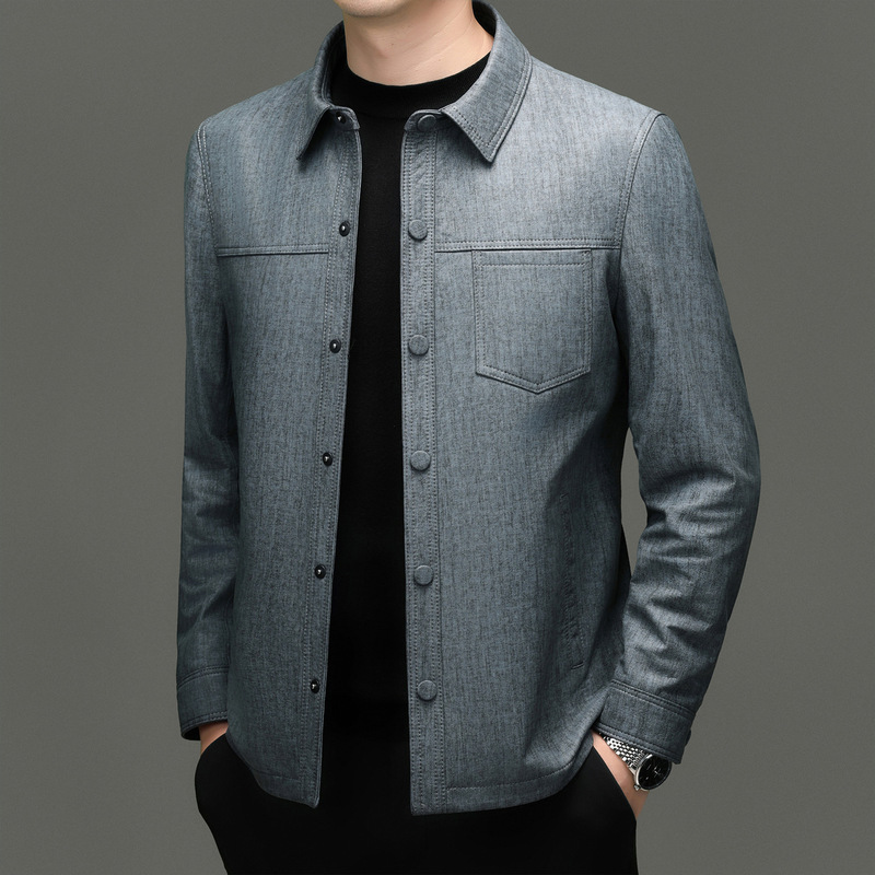 Haining genuine leather jacket for men, shirt-style, top-layer cowhide, vintage motorcycle leather jacket, trendy, stylish, slim-fit coat