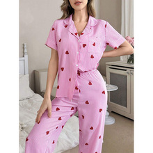 Heresh跨境欧美爱心粉条纹印花女式V领开衫短袖上衣家居长裤睡衣