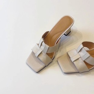 A Large Amount of Ready Stock ~ High-Heeled Sandals for Women to Wear Outside 2025 Summer New Style Simple Square-Toe Slip-On Thick-Heeled Slippers