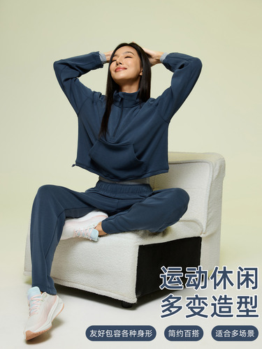 Short windproof turtleneck sports hoodie women drawstring hem half open collar loose casual long sleeve top D25136