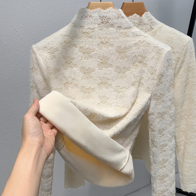 High-Neck Base Shirt for Women 2025 New Style Gentle Style Crochet Lace Shirt Warm Inner Layer with Fleece and Thickened Top High-Neck Base Shirt for Women 2025 New Style Gentle Style Crochet Lace Shirt Warm Inner Layer with Fleece and Thickened Top