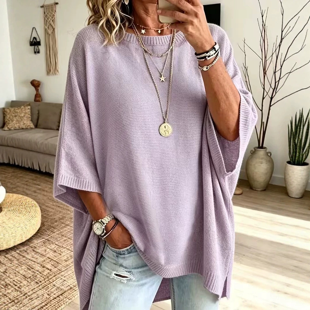 European and American cross-border pullover knit sweater, loose solid color casual sweater, women's top, knitted outerwear, loose round neck