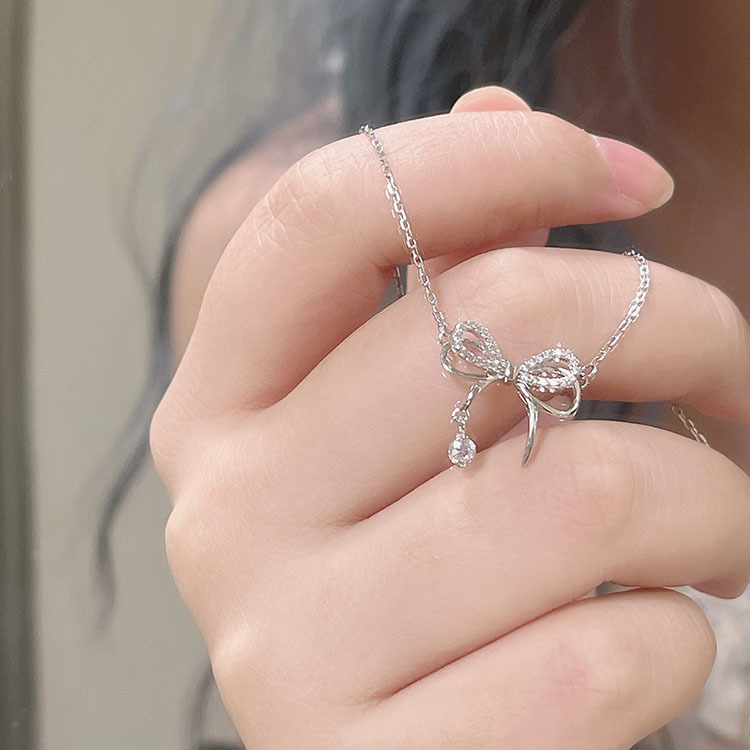 Sunburst Diamond Bow Necklace For Women Light Luxury Tassel_voghion.com