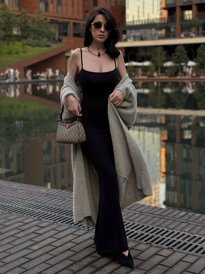 Áo cardigan len lông mềm dáng dài rộng cổ chữ V tay dài — hồng, màu xám, quần kaki chi tiết 50