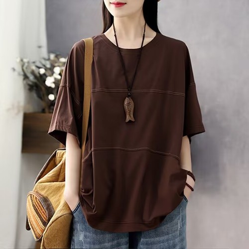 Women's Spring and Summer Striped Collarless T-Shirt Top Loose Casual Retro Slimming Large Size T-Shirt