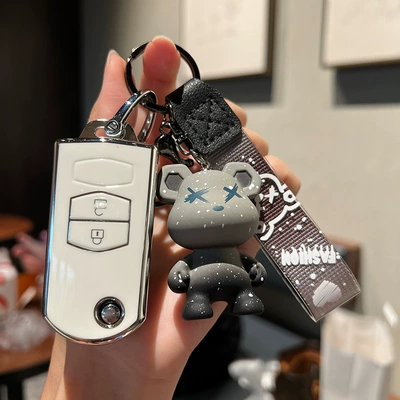 Car key bag, Cheng key set Mazda - mazda-c-folding-2-keys-single-shell-white-gray-violent-bear-pendant