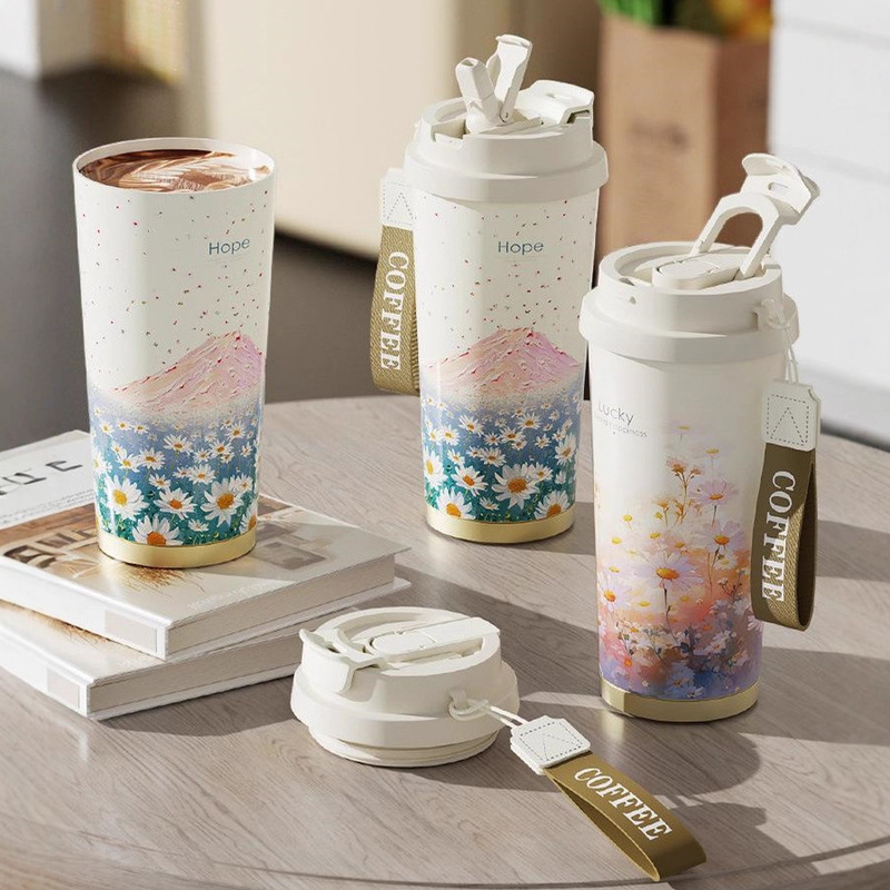 2026 New Model Thermos Cup for Girls, Coffee Cup with Dual Drinking Options, Large Capacity Water Cup, Portable Travel Cup with Straw, Ceramic Cup