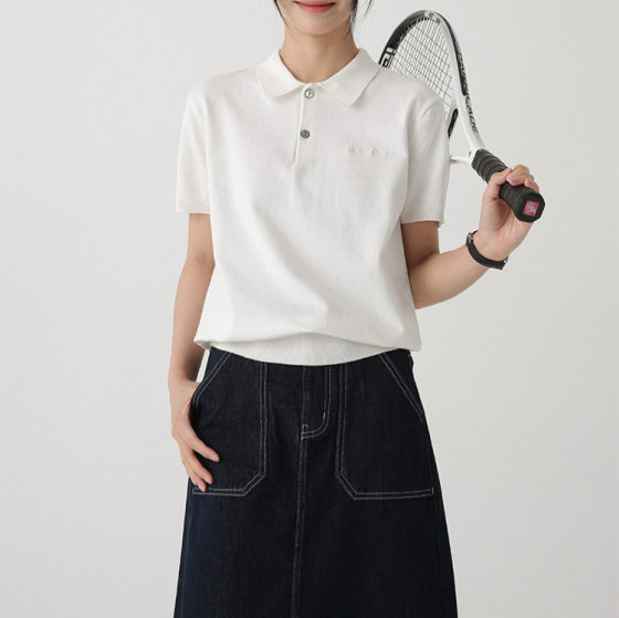 2025 Summer New Korean Style Slim-fit Thin Knitted Embroidered POLO Shirt Slimming T-shirt Short-sleeved T-shirt Top Women's Super