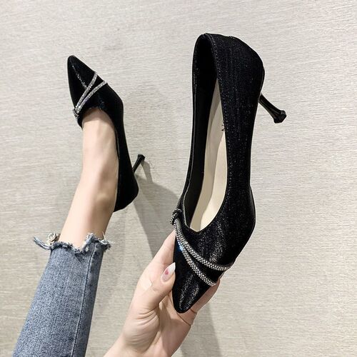 Spring/Autumn New Korean Style Water Diamond Pointed Toe Single Shoes for Women, Slim Heel, Fashionable and Versatile French Fairy Shoes, High Heels for Women