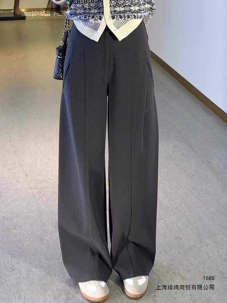 Thickened gray wool wide-leg pants for women, autumn and winter, plus-size, loose fit, slimming design, pleated straight-leg suit pants