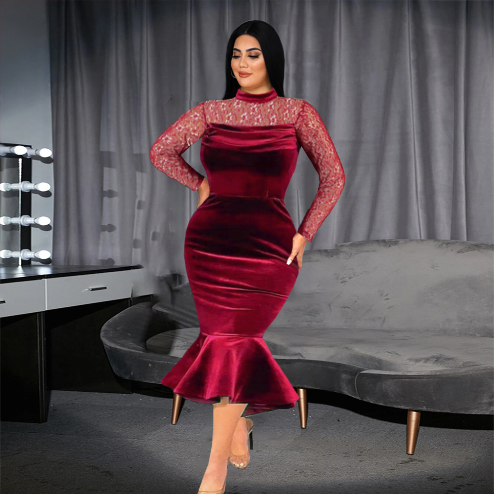 Women's Clothing lace stitching cross border plus size dress elegant high waist evening dress fishtail skirt dresses_voghion.com