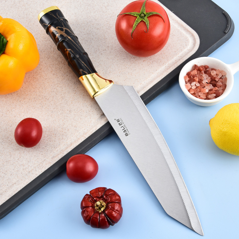 Conjunto de cuchillo de chef de siete piezas de acero inoxidable de doble galvanoplastia con mango de bambú, soporte de cuchillo afilado y duradero al por mayor